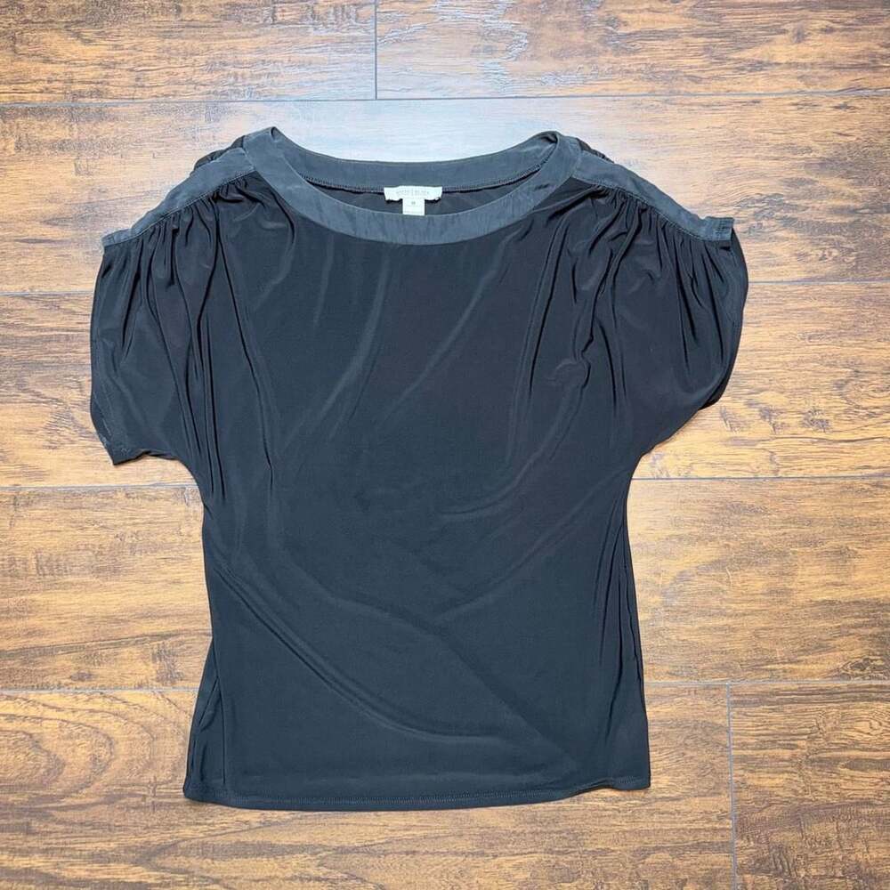 White House Black Market Silk Trim Blouse Size M Black Poly Spandex